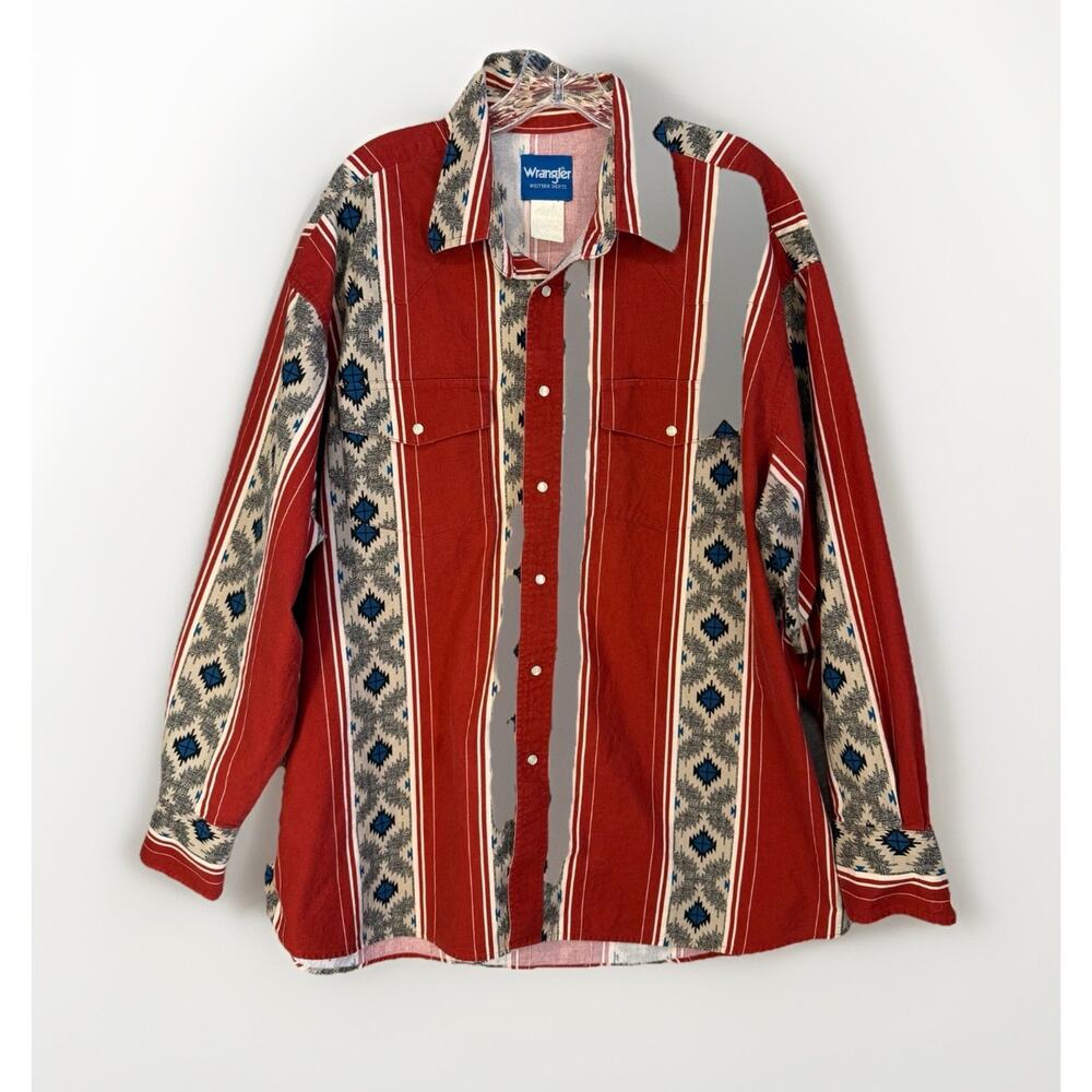 Vintage Wrangler Shirt Mens 2XL Red Pearl Snap Western Aztec Southwest Checotah